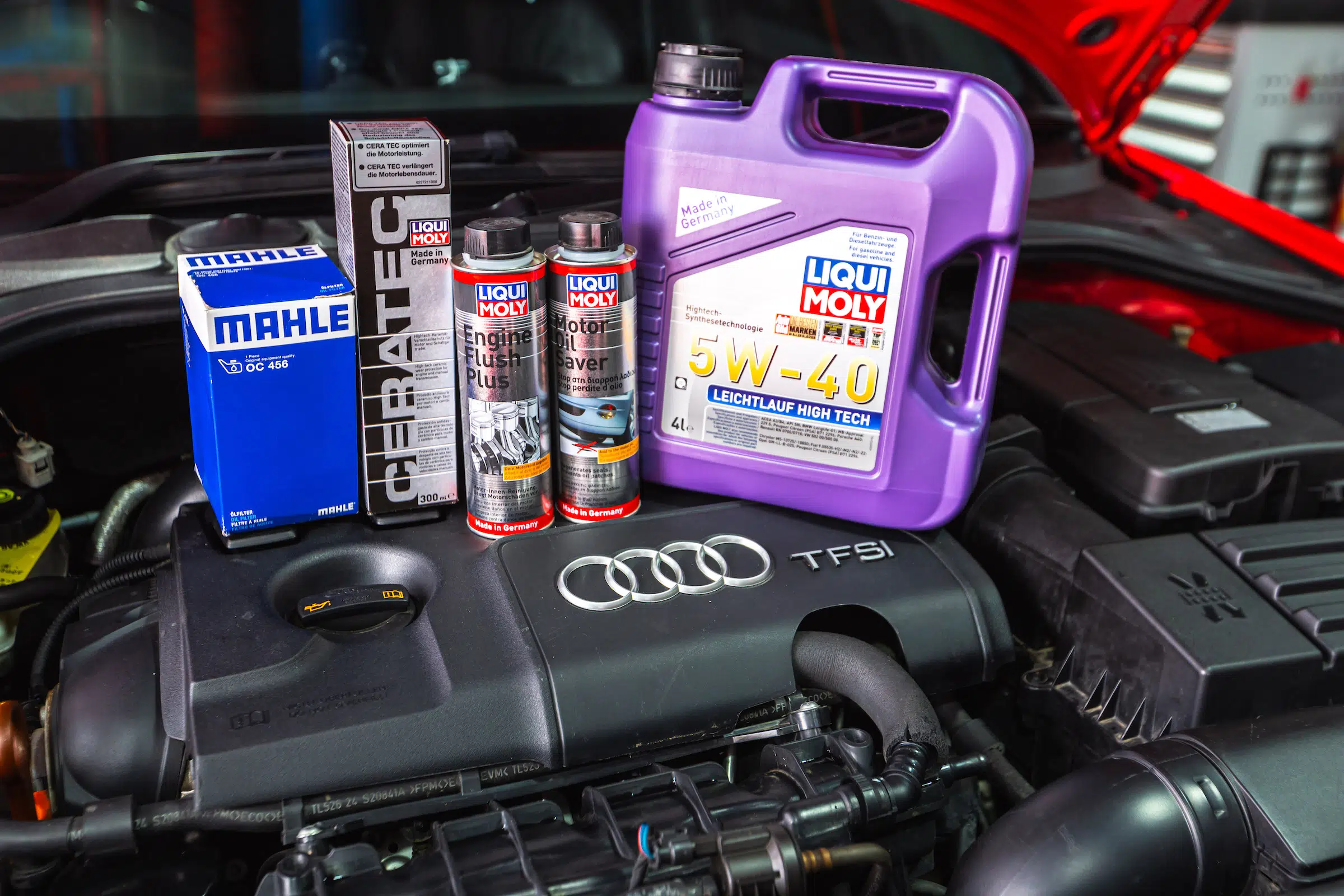 Audi A3 TFSI Engine with LIQUI MOLY oil change products on the engine