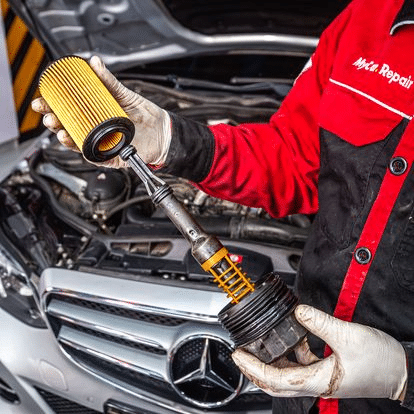 Replace the engine oil filter at every oil change which is part of every A and B MB Service