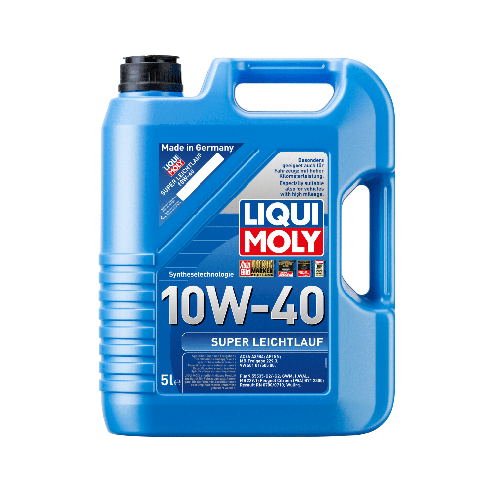 a blue plastic container of Liqui Moly Super Leichtlauf 10W-40 5L with a black cap